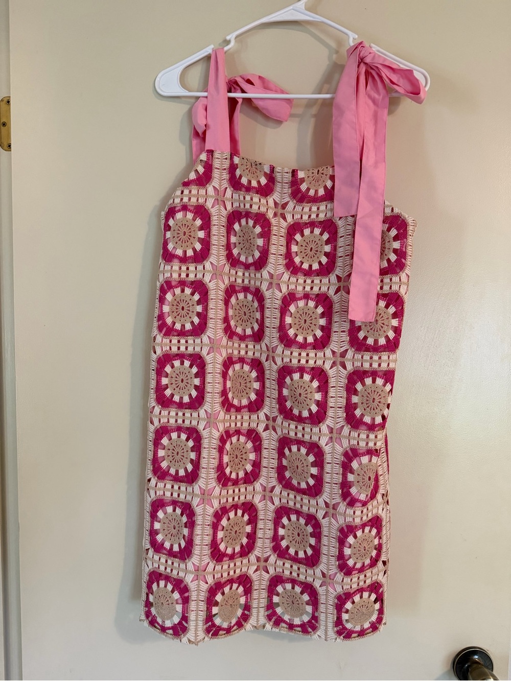Pink Crochet Square Midi Dress with Tie Straps